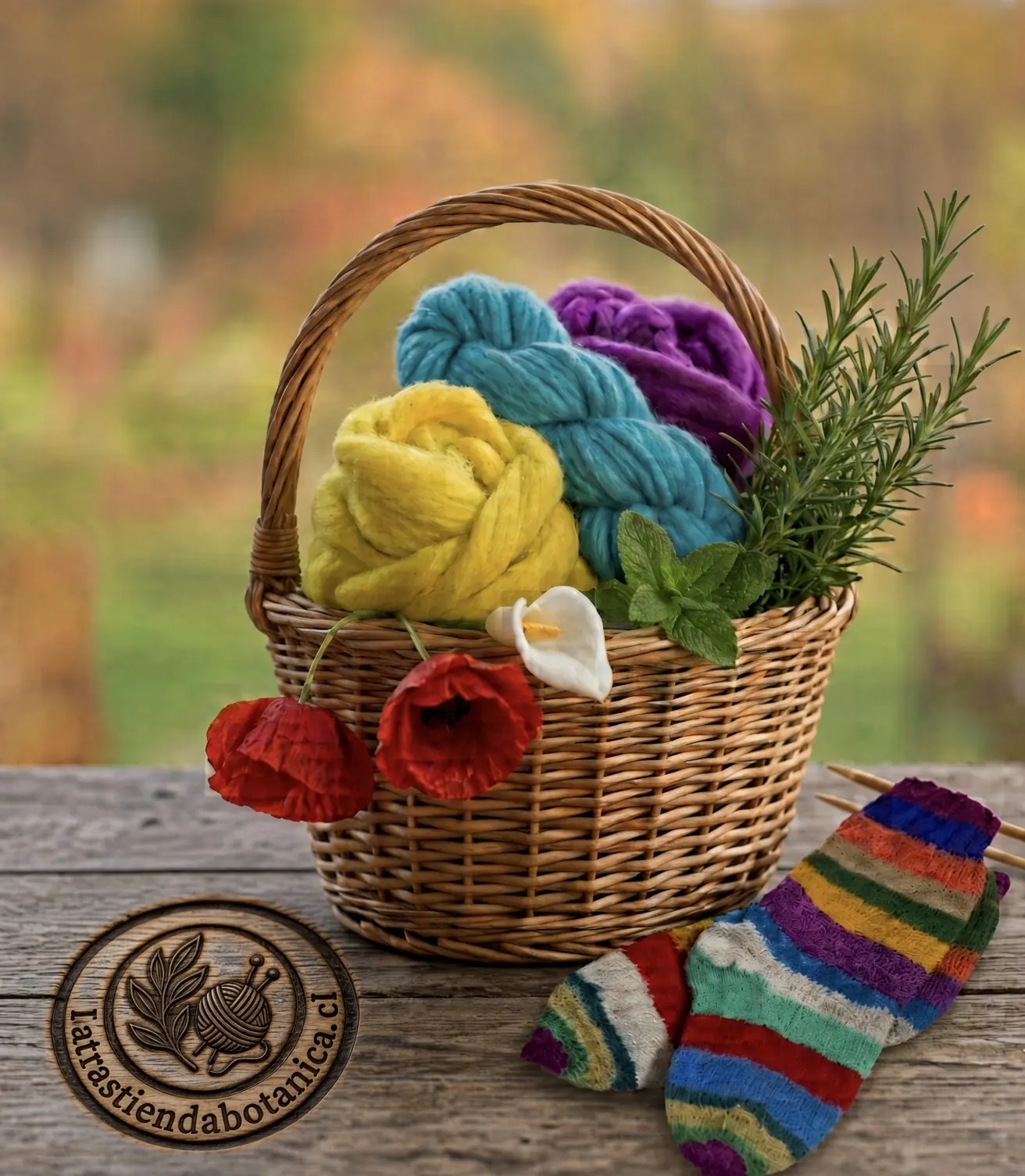 Canasto con lanas de color, hierbas del jardín y calcetines tejidos a mano